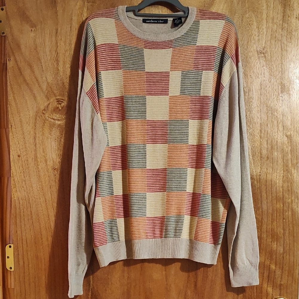 Northern Isles Mens Crew Neck Sweater Silk Cashmere Blend Tan Checked Preppy XL